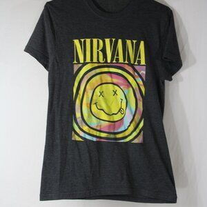 Nirvana Unisex Tie-Dye Smiley Face T-Shirt Cobain Grunge Band Music Black Size S